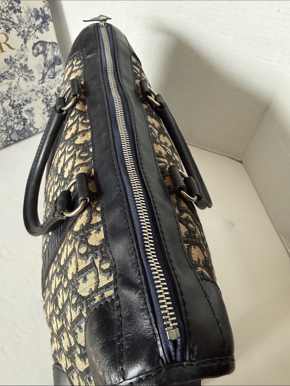 Authentic Dior Black and Beige Large Boston Handbag. - Picture 12 of 17